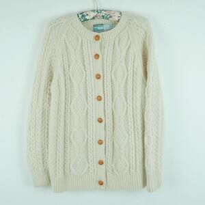 Vintage Large Cardigan Sweater 100% Wool Ireland Aran Fisherman Cable Knit Cream